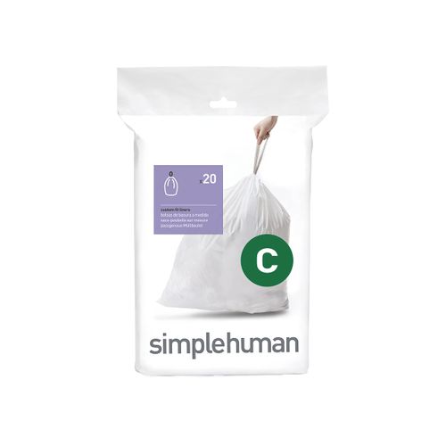 simplehuman Code C Custom Fit Drawstring Trash Bags in Dispenser Packs, 20 Count, 10-12 Liter / 2.6-3.2 Gallon, White