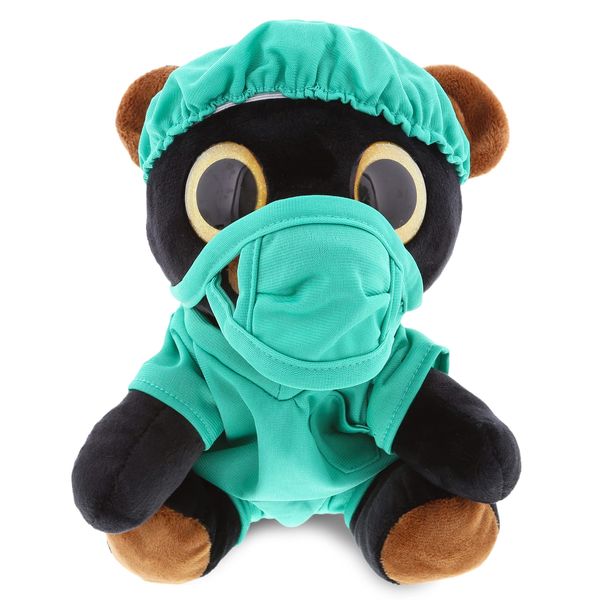 DolliBu Sparkle Eyes Black Bear Doctor Plush Toy - Soft Black Bear Doctor Stuffed Animal Dress Up with Cute Scrub Uniform & Cap Outfit - Gift with Personalization - 8" Inch