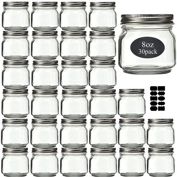 Rainforce Small Glass Mason Jars 8 oz 30 Pack With Silver Lids -1/4 Quart Canning/ Storage Pickling Jars For Jelly, Jam, Honey, Pickles and Spice With Free 30 Chalkboard Labels