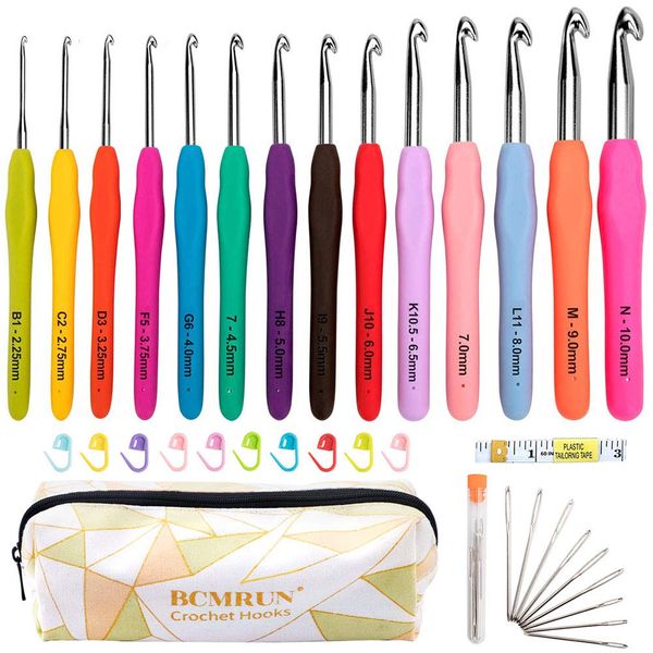 BCMRUN Crochet Hooks Set,14 PCS Ergonomic Soft Grip Handles Knitting Needles Kit with Case for Arthritic Hands,2mm-10mm Extra Long  Knit Needles, for Women Kids(Colorful) (A) (14) (14)