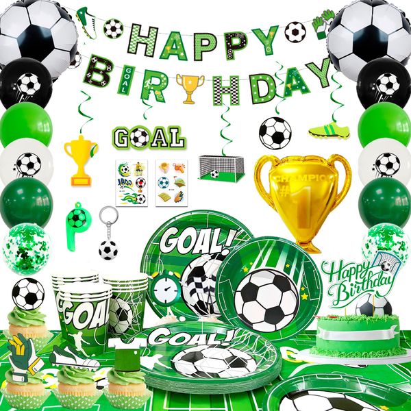 Fussball Deko Geburtstag Kinder, 181pcs Fussball Geburtstag Deko Fussball Geburtstag Partygeschirr Set Fußball Party Pappteller Tasse Tischdecke Fussball Luftballon Banner etc Fußball Deko Geburtstag