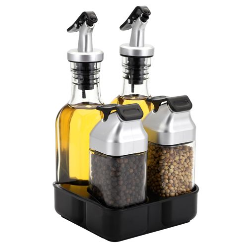 Jucoan 5 PCS Oil Vinegar Dispenser Bottles Set with Caddy Stand, Tabletop Glass Salt Pepper Shaker Olive Oil Vinegar Cruets Set with Tray for Home Kitchen Restaurant RV Camp Countertop