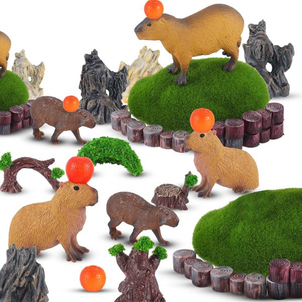 Simgoing 29 Pcs Mini Capybara Figures Toy Playset, Capybara Animal Figurines Statue Fall Trees Artificial Tree Stump Fake Mountain Artificial Moss Rocks Oranges for Capybara Gifts Birthday Decoration