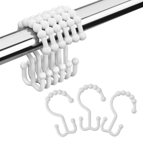 Amazer Plastic Shower Curtain Hooks, Shower Curtain Hooks Rings, Double Shower Curtain Hooks, Shower Hooks for Shower Curtain, White Shower Curtain Hooks for Curtain&Liner Bathroom- 12 Pcs
