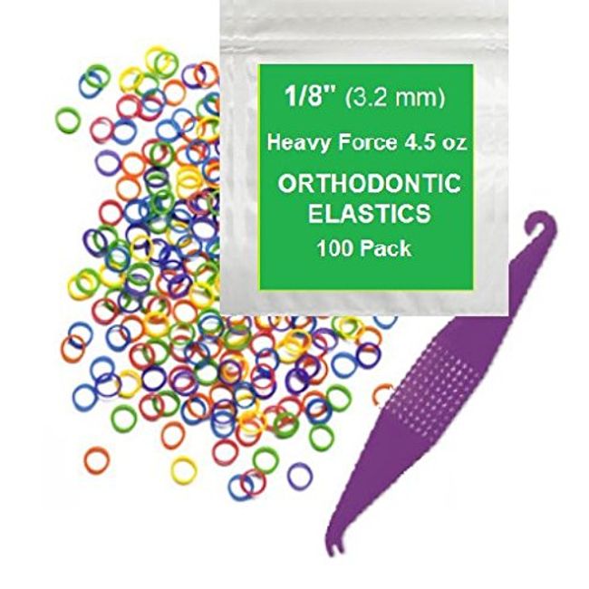 1/8 Inch Orthodontic Elastic Rubber Bands, 100 Pack, Neon, Heavy 4.5 Ounce Small Rubberbands Dreadlocks Hair Braids Fix Tooth Gap, Free Elastic Placer for Braces