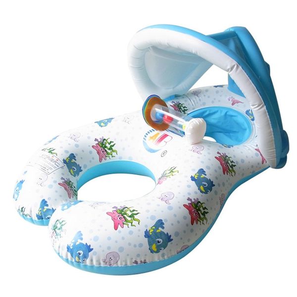 HONGCI Mother & Baby Newborn Swimming Float with Inflatable Sunshade Canopy, Swimming Ring, Swimming Pool Float Toy (Double Seat Boat for 6-36 Months Baby) - White