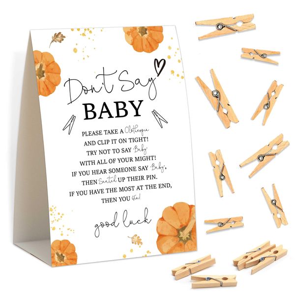 Baby Shower Games - Little Pumpkin Don't Say Baby Clothespin Game, 1 Sign and 50 Mini Clothespins, Gender Reveal Game, Fall Baby Shower Decoration Supplies (WH05)