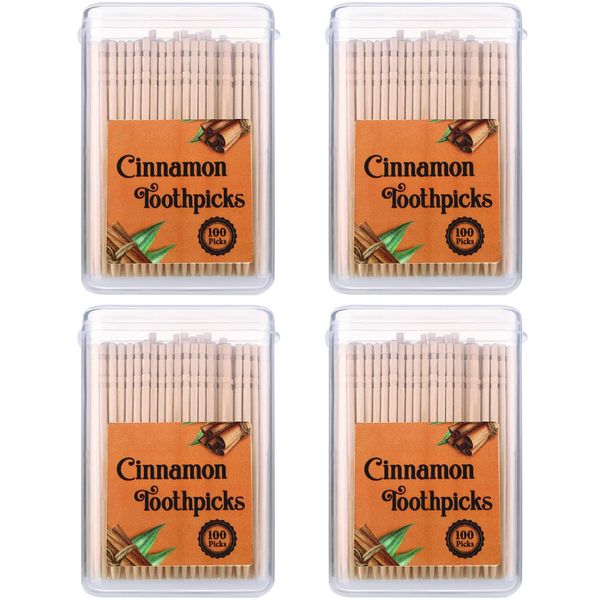 Mumufy 400 Pcs 4 Boxes Cinnamon Toothpicks for Adults Cinnamon Flavored Toothpicks with Clear Plastic Boxes, 100 Pcs for Each Box