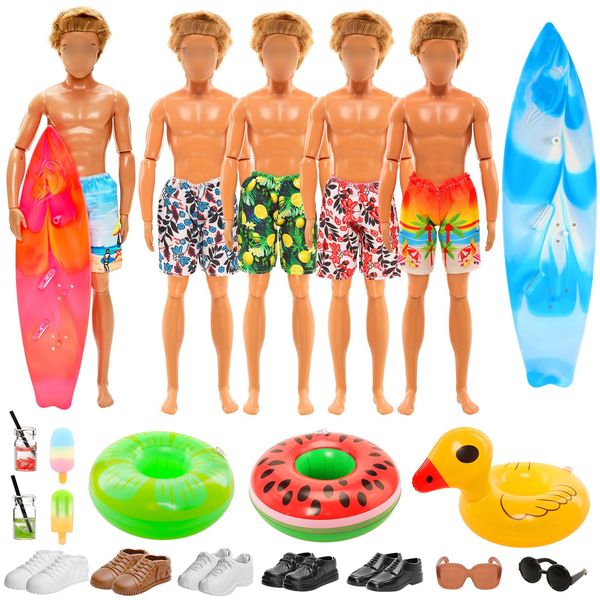 Miunana 16 PCS Handmade Boy Doll Clothes and Swimming Accessories Playset 4 Beach Shorts Skateboard Swimming Rings Mini Shoes Sun Glasses Dollhouse Furniture Drinks Ice-Cream for 12 Inch Boy Dolls