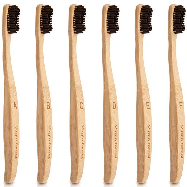 Virgin Forest Bamboo Toothbrush, Natural Eco Friendly Biodegradable Charcoal Tooth Brushes, Pack of 6