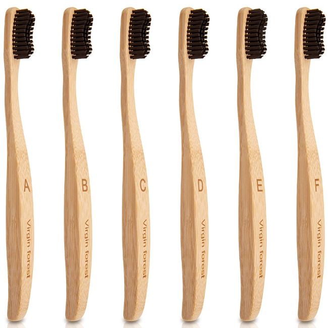 Virgin Forest Bamboo Toothbrush, Natural Eco Friendly Biodegradable Charcoal Tooth Brushes, Pack of 6