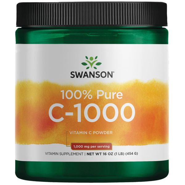 Swanson, Vitamin C Powder, Ascorbic Acid, 1000mg, 454g vegan Powder, High-Dose, Lab-Tested, Soy-free, Vegetarian, Gluten-free, GMO-free