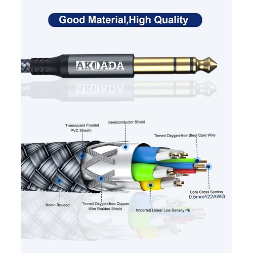 AkoaDa 1/4 Inch TRS Instrument Cable (10ft 2Pack), Right Angle 6.35mm Male Jack Stereo Audio Interconnect Cord,Compatible for Bass,Keyboard,Mixer,Amplifier,Amp,ect