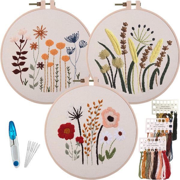 3 Sets of Beginner Embroidery Kits, Embroidery Starter Kits, Adult Women’s Hobbies, Including Cloth with Floral Patterns, Colored Threads, Needles, Hoops and Instructions…