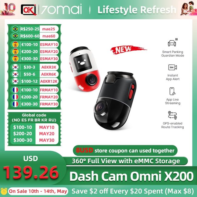 70mai Dash Cam Omni X200 360° Full View Built-in GPS ADAS Night Owl Vision  Car DVR 24H Parking Monitior eMMC Storage AI Motion