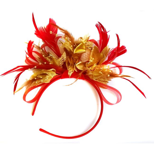 Caprilite Fashion Red and Gold Feather Hair Fascinator Headband Wedding and Royal Ascot Races Ladies