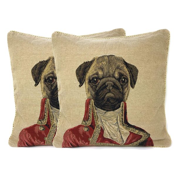 Pug Renaissance Dog Throw Pillow Cover - Tache Napoleon Bownparte - 2 Pieces 18 X 18 Inch Square French Vintage Tapestry Woven Set