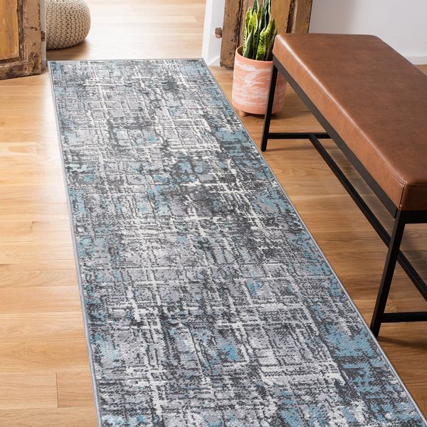 Rugshop Runner Rugs Distressed Abstract Stain Resistant Soft Blue Kitchen Rugs