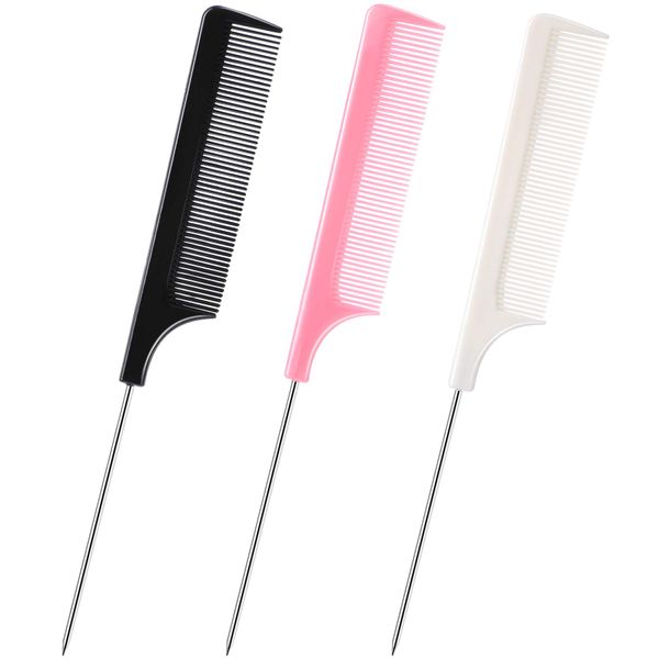 3 Pcs Rat Tail Combs Salon Hairdressing Comb with Stainless Steel Handle, Fine Tooth Combs for Women, Barber