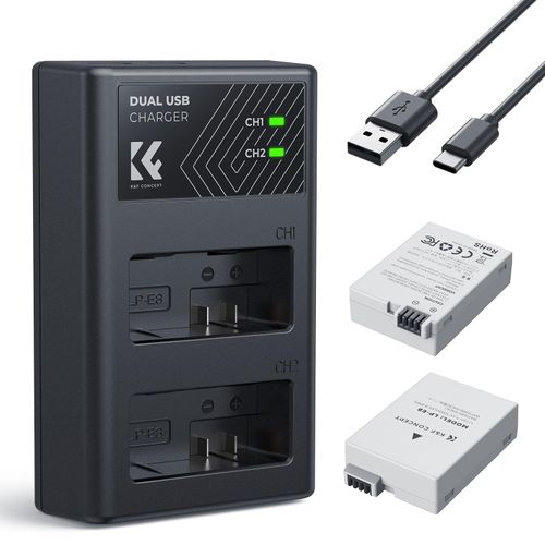 K&F Concept LP-E8 Battery and Dual Slot Battery Charger for Canon EOS Rebel T3i T2i T4i T5i, EOS 600D 550D 650D 700D, Kiss X4 X5 X6 X7, LC-E8E Digital Cameras