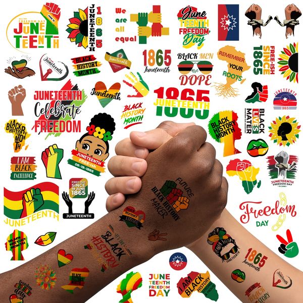 50 Pieces Juneteenth Decorations Temporary Tattoos for Kids Adults, June 19 1865 African American Emancipation Black History Month Independence Day Freedom Tattoo Stickers Decals