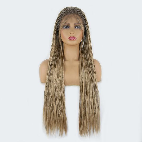 BTWTRY Braided Synthetic Lace Front Wigs for Women Ombre Honey Blond Heat Resistant Fiber Hair Micro Braided Hair Box Braids Wig African American Hair (24inch, 4T/Honey Blonde)