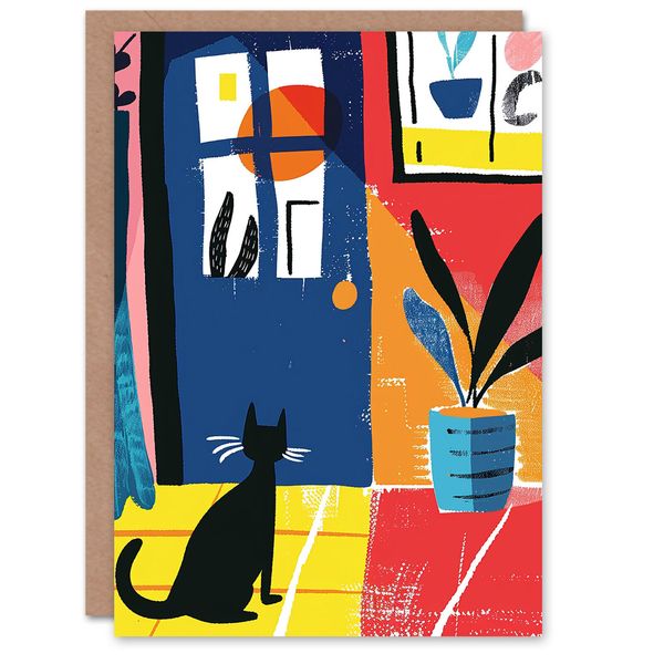 Black Cat Lover Pet Waiting By Door Fun Painting Birthday Card