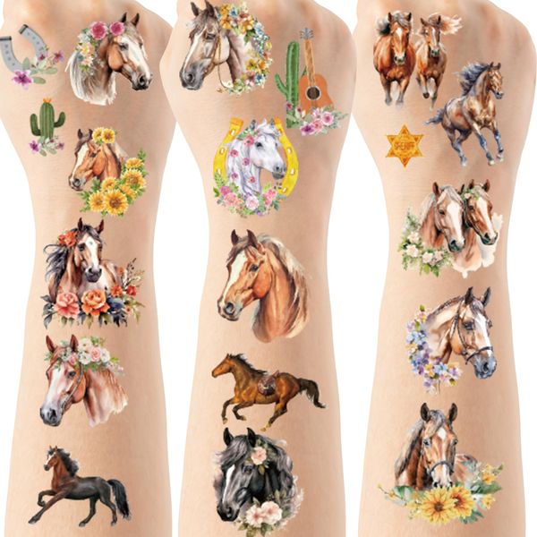 Horse Party Temporary Tattoos - 8 Sheets Cowgirl Birthday Party Favors, Cowboy Hat, Boots, Cactus Western Party Supplies Decorations, Treat Bag Stuffers for Boys Girls