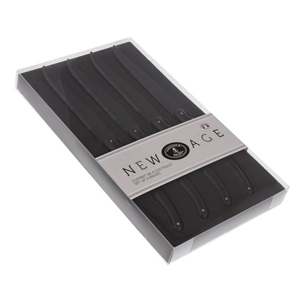 Jean Dubost New Age Laguiole 4-Piece Black Steak Knife Set, Black Handles - 1.2 mm Blades - Rust-Resistant Stainless Steel - Made in France