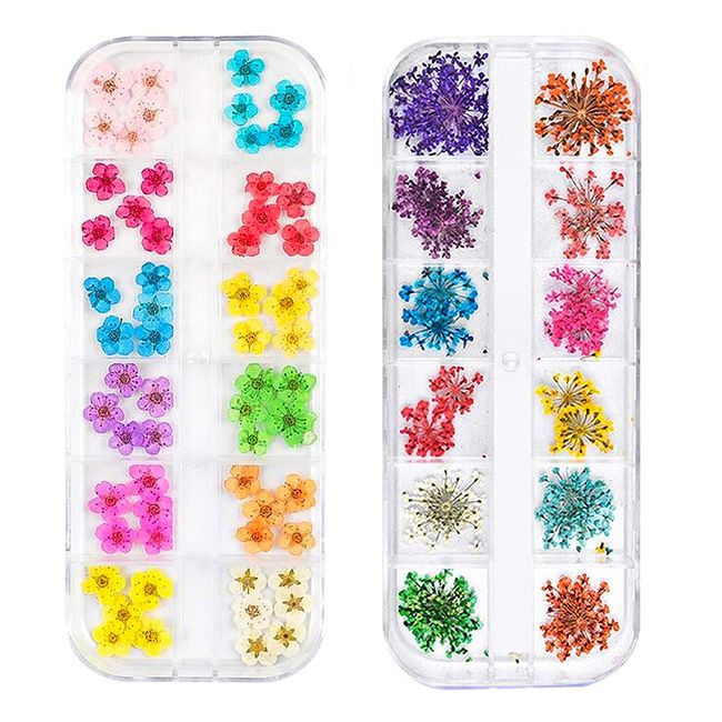 3D Nail Dried Flowers Sticker Set CHANGAR Real Dried Flowers for Nail Art & Resin Craft DIY Five Petal Flower Leaf Gypsophila Dry Flower Nail Art Decoration Kits(2 Boxes)