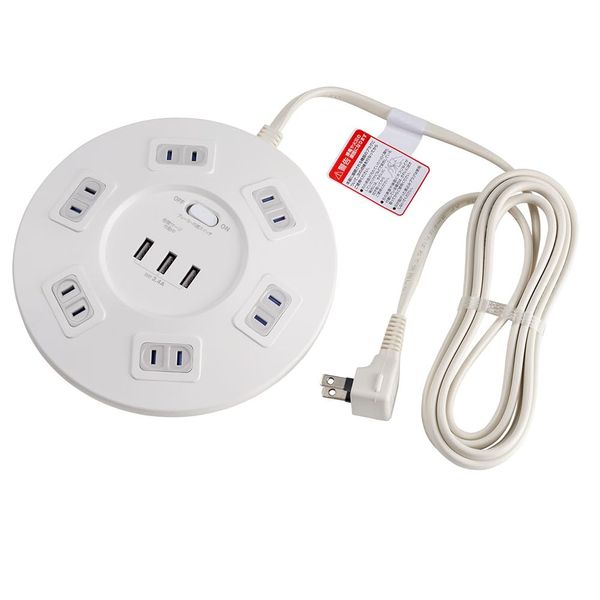 Elpa WLS-LS602RUSB(W) Lightning Resistant Round USB Tap, Power Tap, Extension Cord, 100 V, 6.6 ft (2 m), 6 Ports, 3 USB Ports, Urea Resin