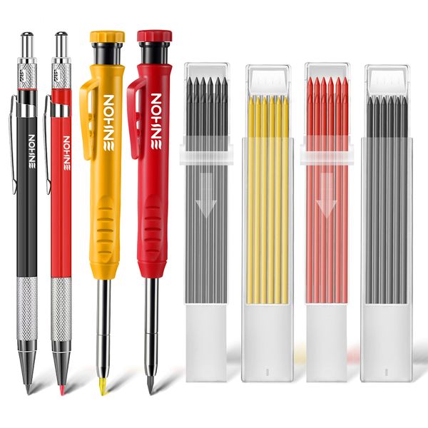 Enhon 4 Pcs Mechanical Carpenter Pencils with 40 Refills and Mental Marking Scribe Tools, Solid Deep Hole Woodworking Pencils Marker Marking Tools with Built in Sharpener(Black, Red, Yellow)