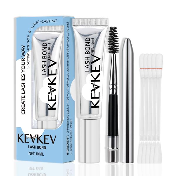 KevKev Lash Glue 10ml Eyelash Glue for Lash Clusters Lash Extension Waterproof Lash Bond Lasting 48-72 Hours Lash Cluster Glue with Lash Brush and Eyelash Remover Cotton Swabs Set (10ml, Clear)