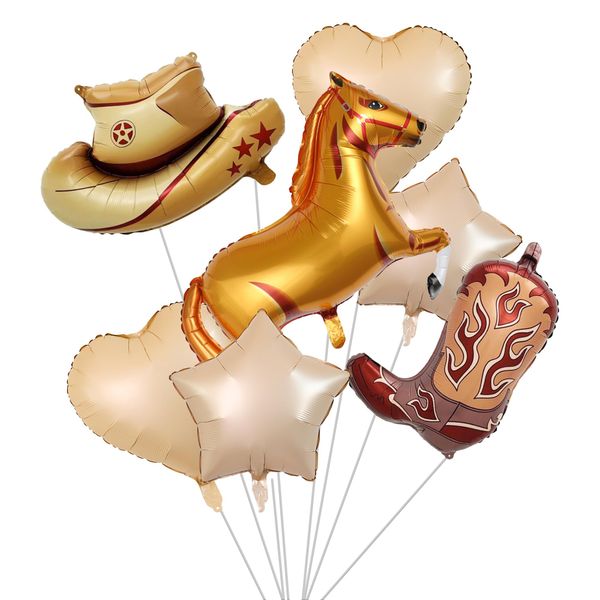 8Pcs Western Party Decorations Balloons,Cowboy Balloons,Cowboys Hat Boot Horse Foil Balloons for Western Cowboy Birthday Party, Cowboy Rodeo Party, Bachelorette Party Wedding Decorations (Brown)