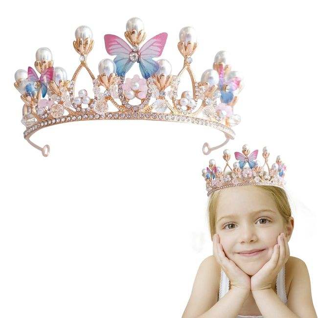 Butterfly Princess Crown Bridal Accessories Performance Disc Hair Model Gold Pearl Headband Rhinestone Hairpiece Birthday Crown for Girls (Butterfly)