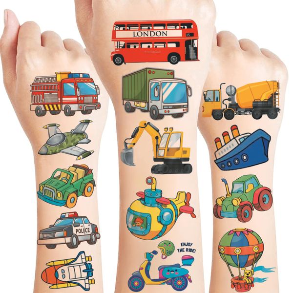 54PCS Transportation Kids Temporary Tattoos Trucks Constructive Cars Temporary Tattoos Vehicles Face Tattoos Stickers for Kids Boys Girls Gifts Birthday Decoration Party Favors Supplies (4 Sheets)