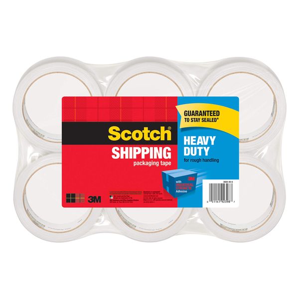 Scotch Heavy Duty Packaging Tape, 1.88" x 54.6 yd, Designed for Packing, Shipping and Mailing, Strong Seal on All Box Types, 3" Core, Clear, 6 Rolls (3850-6)