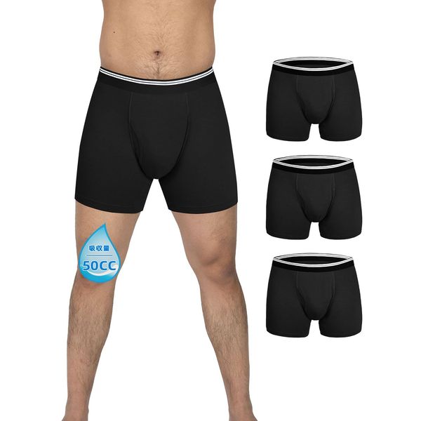 TIICHOO Boxer Shorts, Bamboo Fiber, Leak Proof, Men's, Open Front, Incontinence Pants, Urinary Leak Prevention, Absorption Amount, 50cc (3, Black, M)