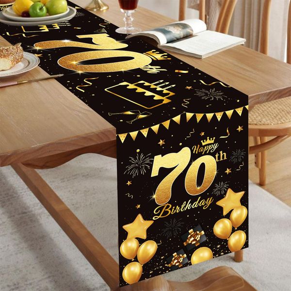 Happy 70th Birthday Table Runner Black Gold 70th Birthday Table Runner for Men Women 70 Years Old Birthday Anniversary Celebration Party Non-Slip Dining Table Linen Cloth Decorations, 180x35cm Long