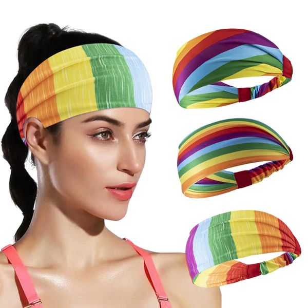 DIUEWOW Gay Pride Headbands Rainbow Women Headwraps Elastic Wide Head Band Supplies Workout for Party Pride Parade Sports Running Stretchy Twisted Hair Band 3 Pieces