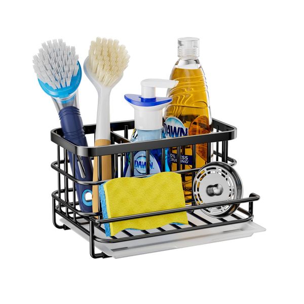 HapiRm Sink Caddy Sink Tidy, Kitchen Sink Organiser Kitchen Tidy with Drip Tray, Sink Caddy Organiser for Dish Brush, Sponge & Kitchen Accessories, Stainless Steel Countertop Kitchen Caddy, Black