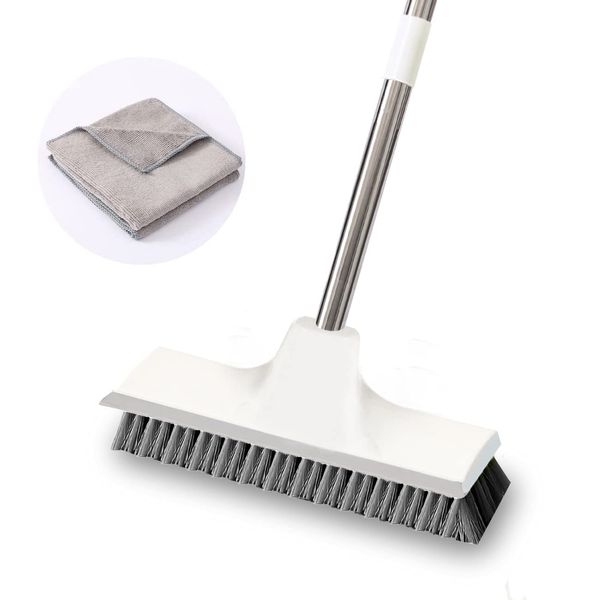 Deck Brush Veranda Cleaning Brush Bathroom Cleaning Brush Water Scraper 2 in 1 Drainer Wiper 3 Adjustable Length Tile Brush Microfiber Cloth 2 Pack MayKi