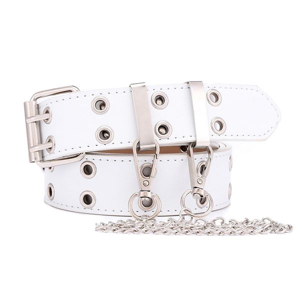 AVZXXKUF Grommet Leather Belts Y2K Punk Waist Belts PU All-Match Belt Rock Niche Design Belt with Detachable Chain Double Prong Buckle Vintage Jeans Belts for Women or Men(White)