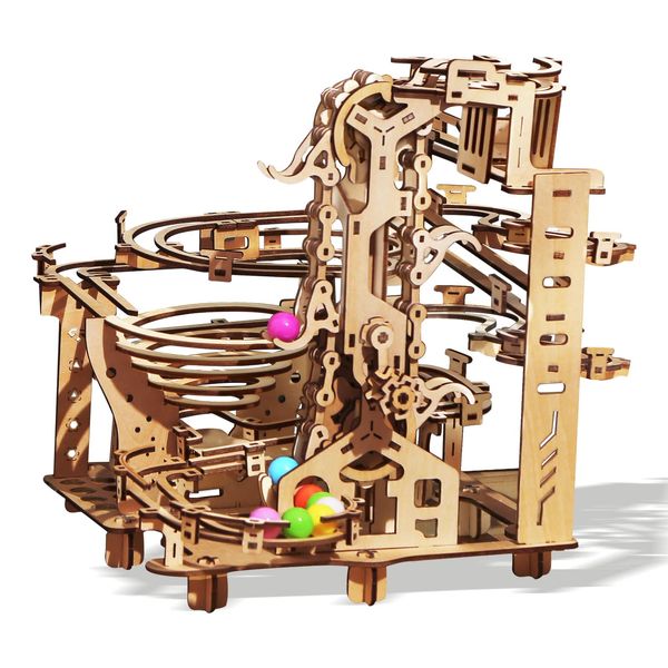 Wooden Marble Run Kit - 3D Puzzle Wood Colored Balls Run Stepped Hoist with 3-Stepped Lift Mechanism - Kinetic DIY Marble Run Wooden Puzzle