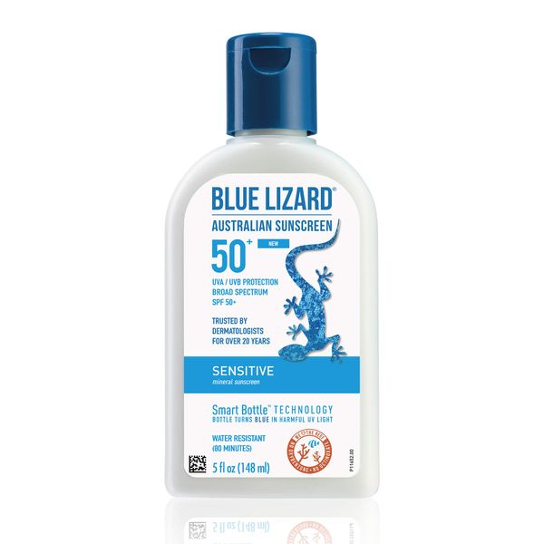 BLUE LIZARD Sensitive Mineral Sunscreen with Zinc Oxide, SPF 50+, Water Resistant, UVA/UVB Protection with Smart Bottle Technology - Fragrance Free, 5 oz