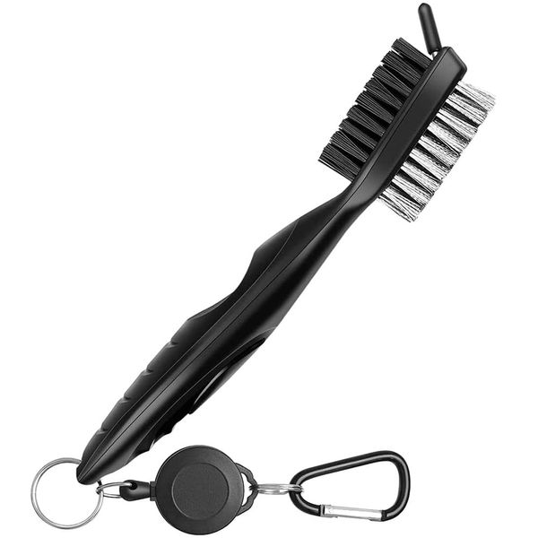 Golf Brush 3 in 1 Golf Cleaning Brush, Golf Club Cleaning Brush, Double Sided Portable Brush with Extending Reel and Carabiner Clip, Convenient, Lightweight, Multi-Purpose (Black)