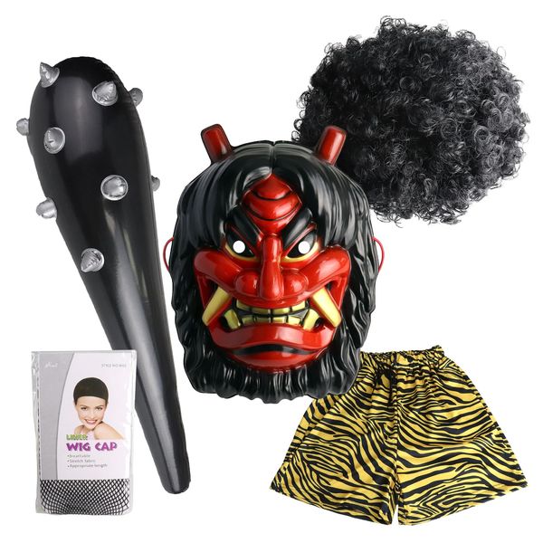 Mewin Demon Costume, Setsubun Event Costume, Mask, Wig Included, Tiger Pattern Pants, Metal Rod (Red)