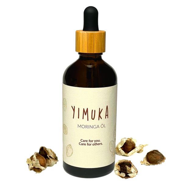 YIMUKA 100% Reines Moringa Öl 100ml - Veganes Hautpflegeöl - Unraffiniert & Nachhaltig - Perfekte Feuchtigkeitspflege - Bio, Fair & sozial in Braunglas mit Bambus-Pipette