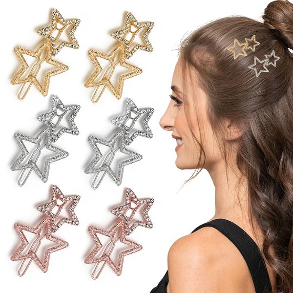 6PCS Star Hair Clips Pins, Elegant Rhinestone Star Barrettes, Non-Slip Hollow Star Hair Clips Y2k Hair Accessories for Girls Women Girls Hair Styling(Gold, Silver, Rosegold)