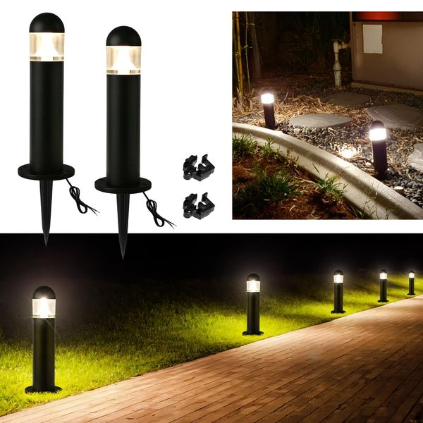 2 Pack Low Voltage Landscape Pathway Lights, 12V LED Bollard Light IP67 Waterproof, Outdoor Driveway Walkway Wired Lights (Included Connector and Stakes) - Yard Garden Lawn,2700K Warm White